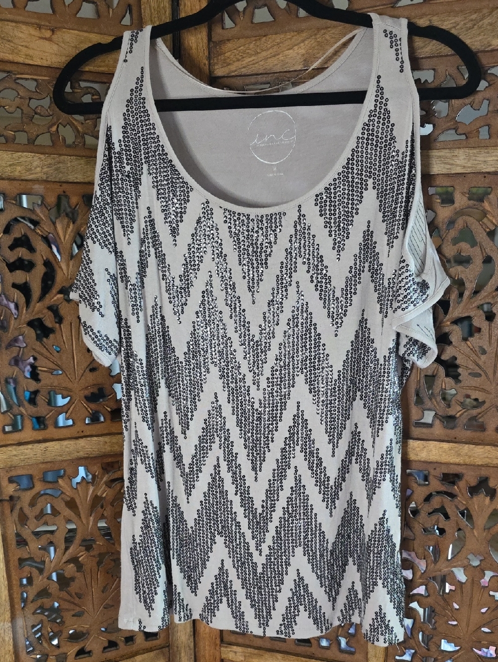 INC International Concepts Cream Sequin Chevron Cold-Shoulder Top